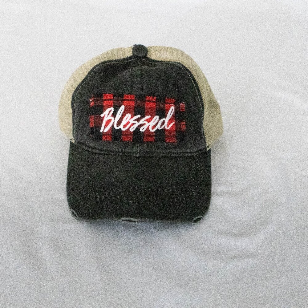 Southern Junkie Buffalo Check Red and Black Vintage Cap, "Blessed" Embroidered